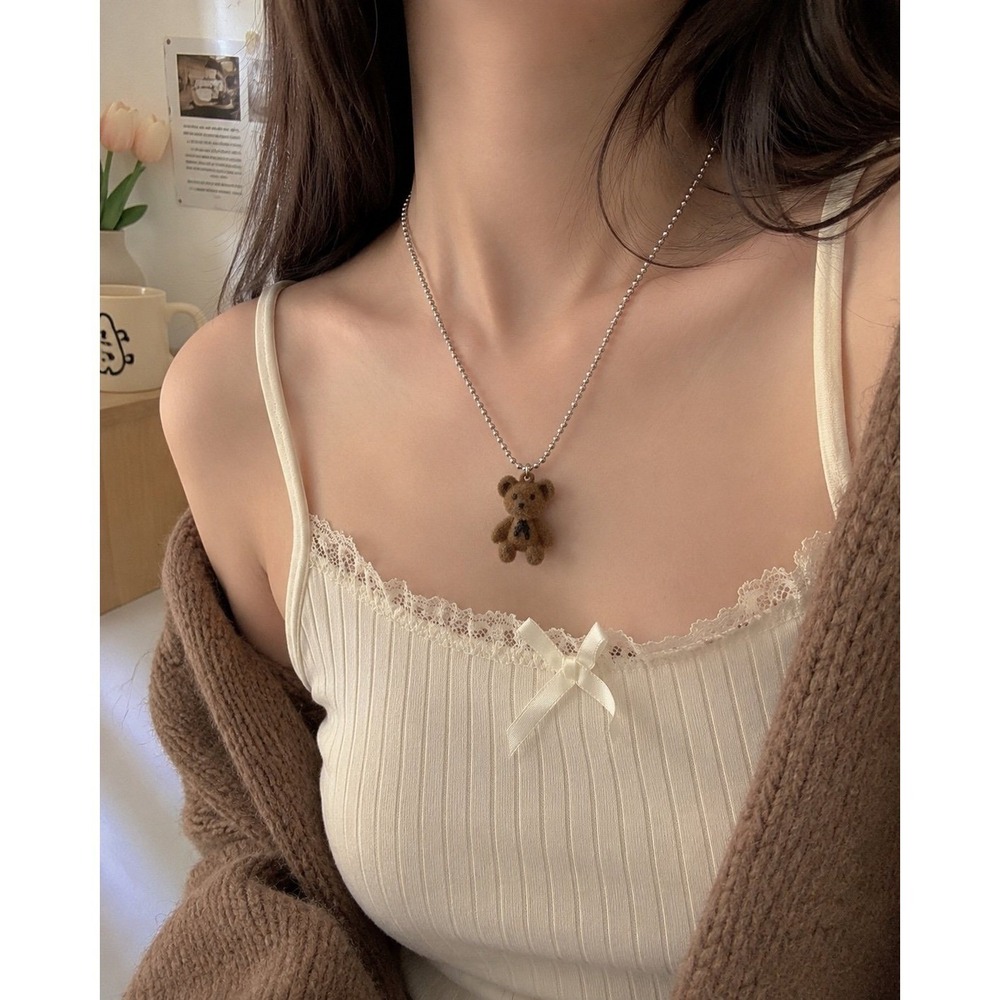 Kawaii Teddy Bear Pendant Necklace‎ Brown Flocked Bear Ball Chain Cute NEW